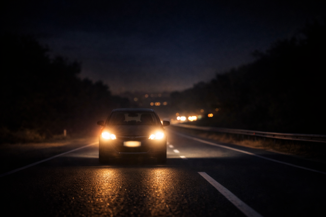 Car headlights on a dark road at night — the journey begins